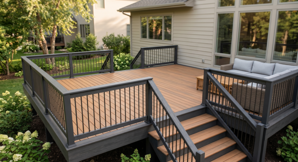 Finished backyard deck with warm wood-tone boards and deep charcoal painted railings